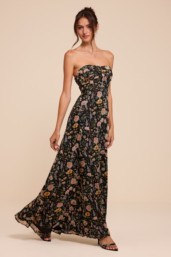Kamalia Black Multi Floral Strapless Maxi Dress
