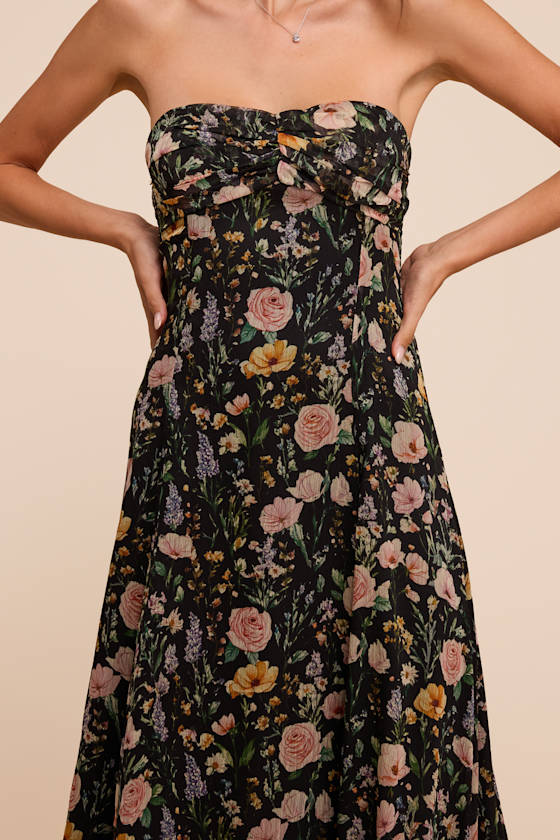 Kamalia Black Multi Floral Strapless Maxi Dress