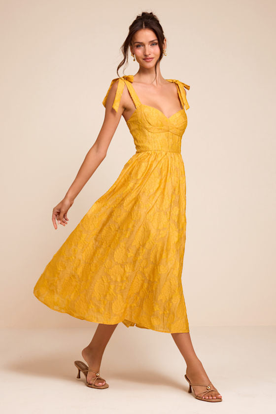 Loveliest Muse Yellow Burnout Floral Tie-Strap Midi Dress