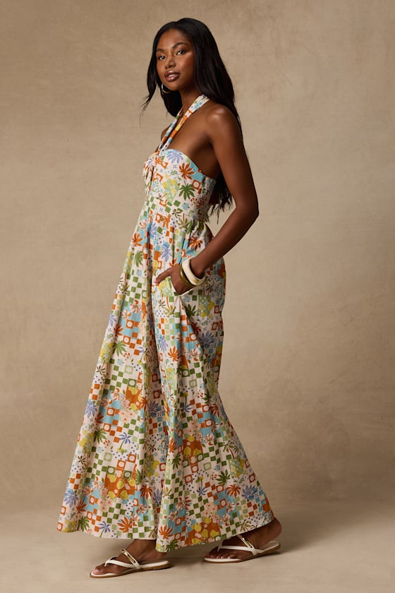Renata Ivory Multi Print Halter Maxi Dress