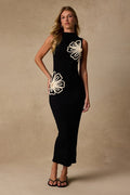 Eviee Black Sweater Knit Embroidered Midi Dress
