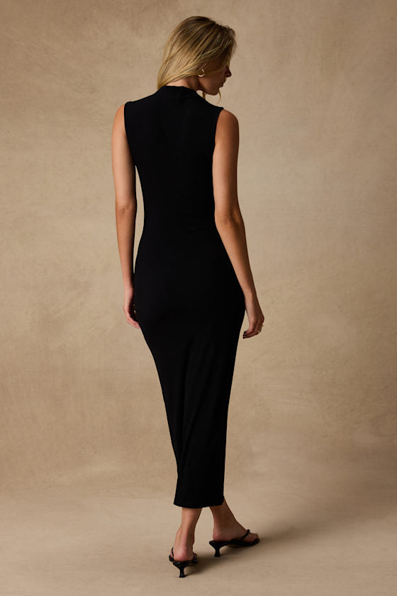 Eviee Black Sweater Knit Embroidered Midi Dress