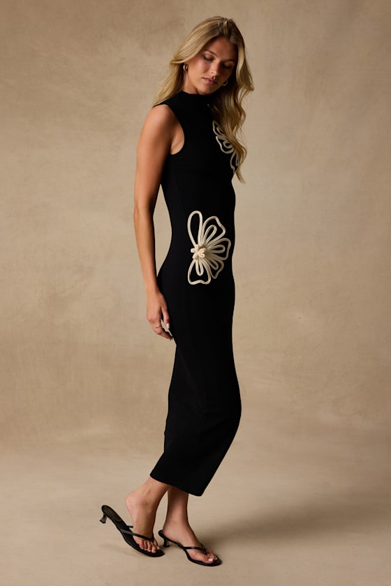 Eviee Black Sweater Knit Embroidered Midi Dress