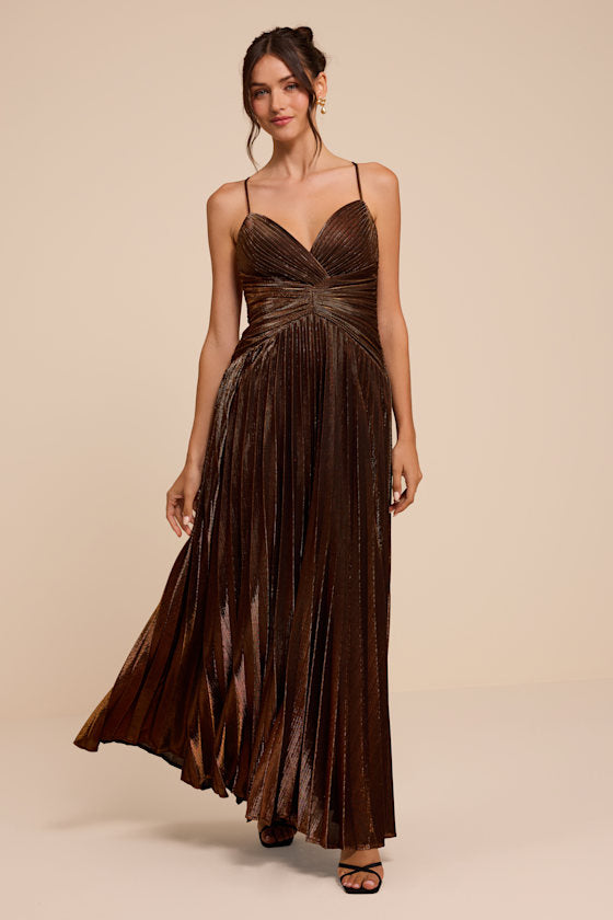 Elletra Brown Lurex Pleated Maxi Dress