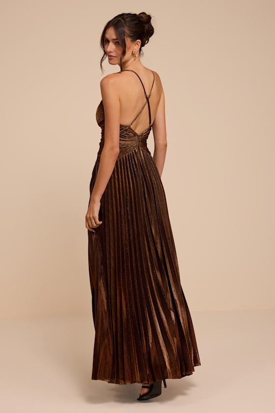 Elletra Brown Lurex Pleated Maxi Dress
