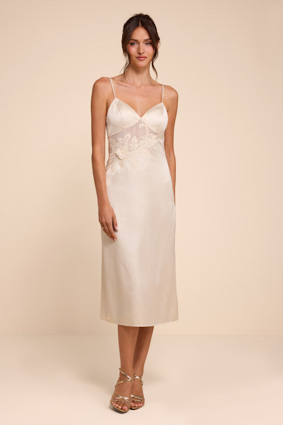 Kimberly Cream Satin Crochet Lace Slip Midi Dress