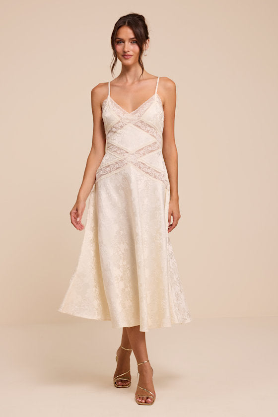 Adia Ivory Floral Jacquard Satin Midi Dress