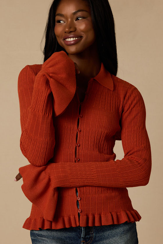Arlinda Rust Knit Textured Cardigan Sweater Top