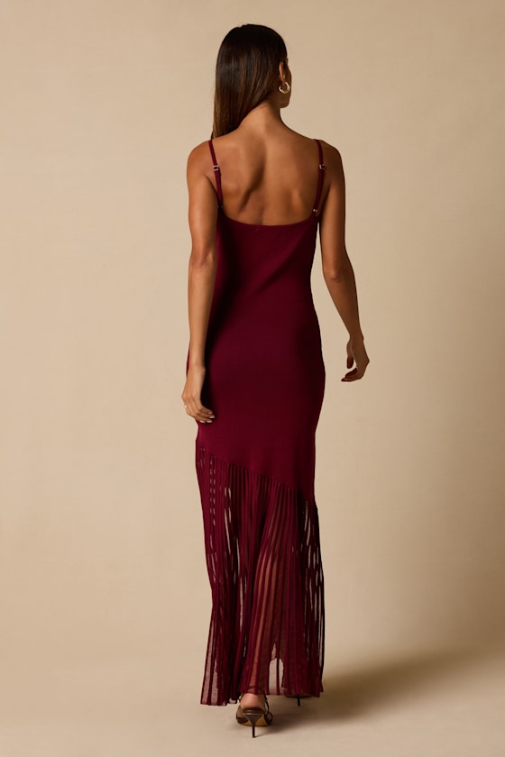 Empression Burgundy Asymmetrical Pleated Midi Dress