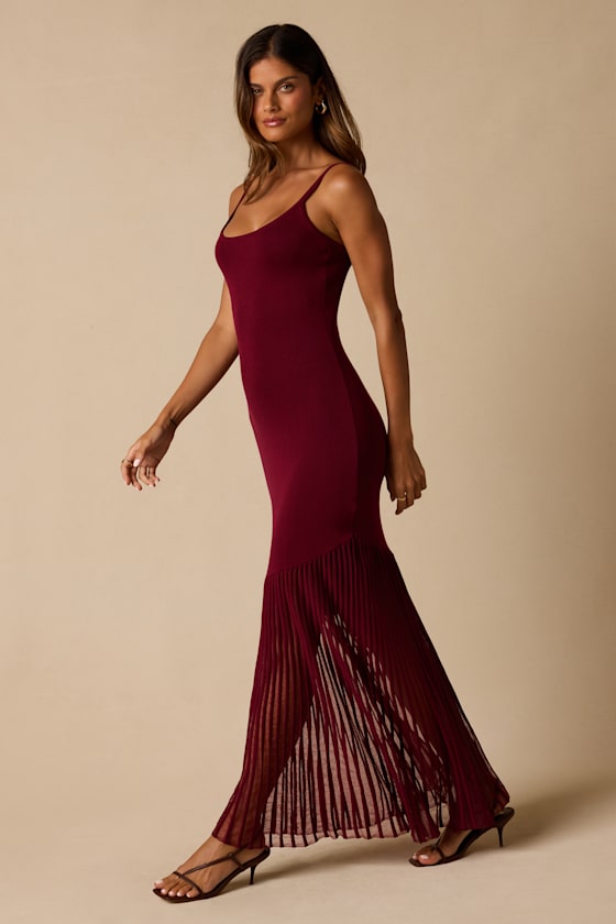 Empression Burgundy Asymmetrical Pleated Midi Dress