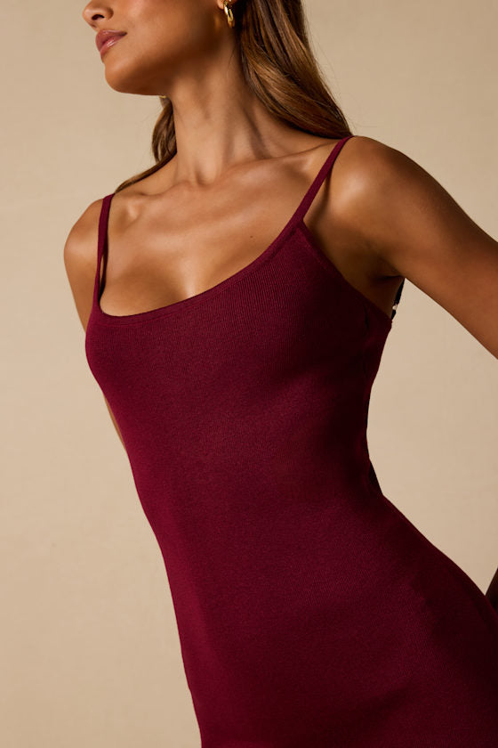 Empression Burgundy Asymmetrical Pleated Midi Dress