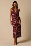 Betty Burgundy Abstract Print Mesh Halter Midi Dress