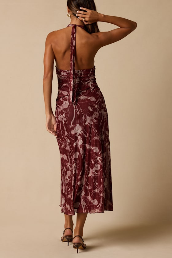 Betty Burgundy Abstract Print Mesh Halter Midi Dress