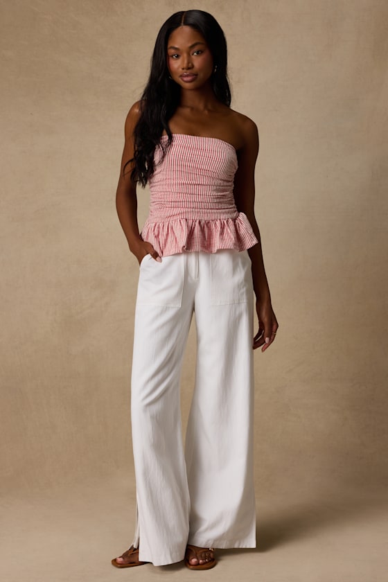 Philomena Red Striped Strapless Peplum Top