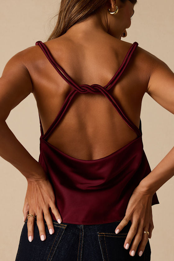 Ariel Maroon Satin Cowl Neck Tank Top