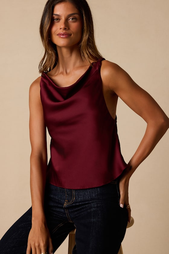 Ariel Maroon Satin Cowl Neck Tank Top