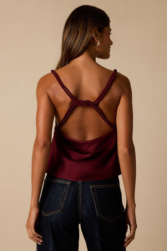Ariel Maroon Satin Cowl Neck Tank Top
