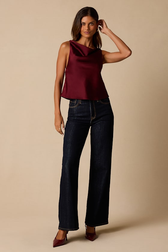 Ariel Maroon Satin Cowl Neck Tank Top