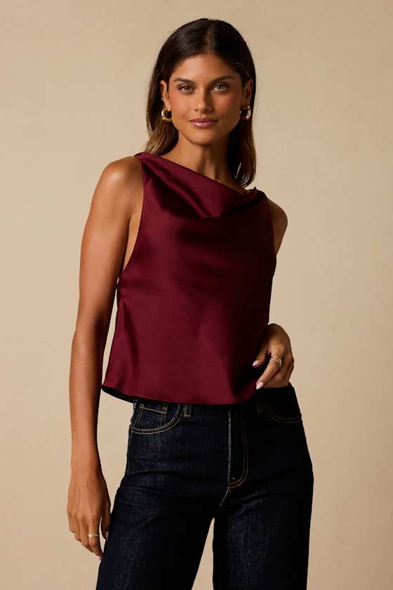 Ariel Maroon Satin Cowl Neck Tank Top