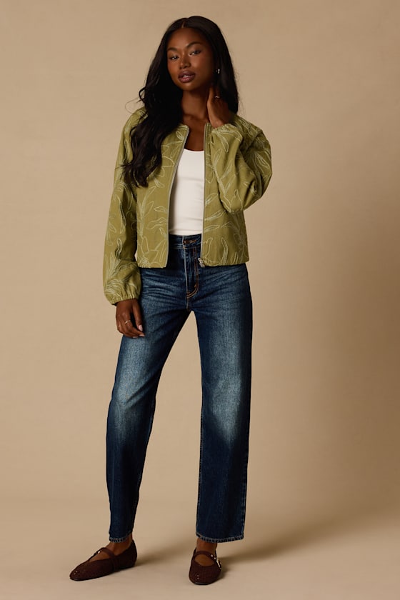 Olina Olive Embroidered Bomber Jacket