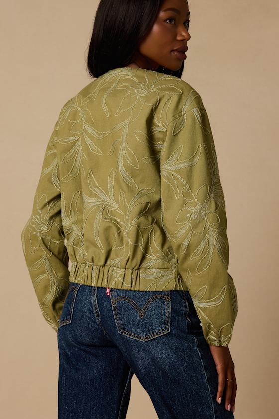 Olina Olive Embroidered Bomber Jacket