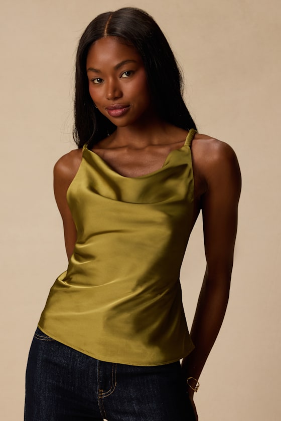 Ariel Olive Satin Cowl Neck Tank Top