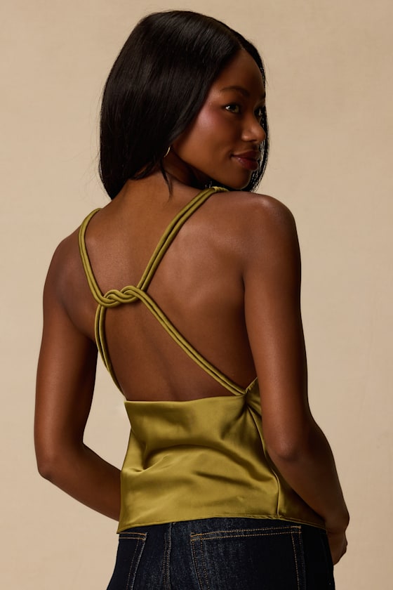 Ariel Olive Satin Cowl Neck Tank Top