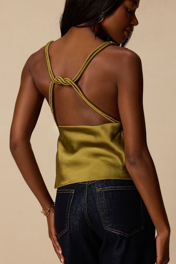 Ariel Olive Satin Cowl Neck Tank Top