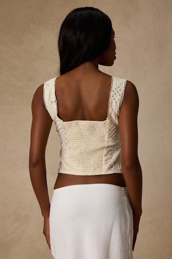 Antionette Cream Embroidered Sequin Button-Front Top