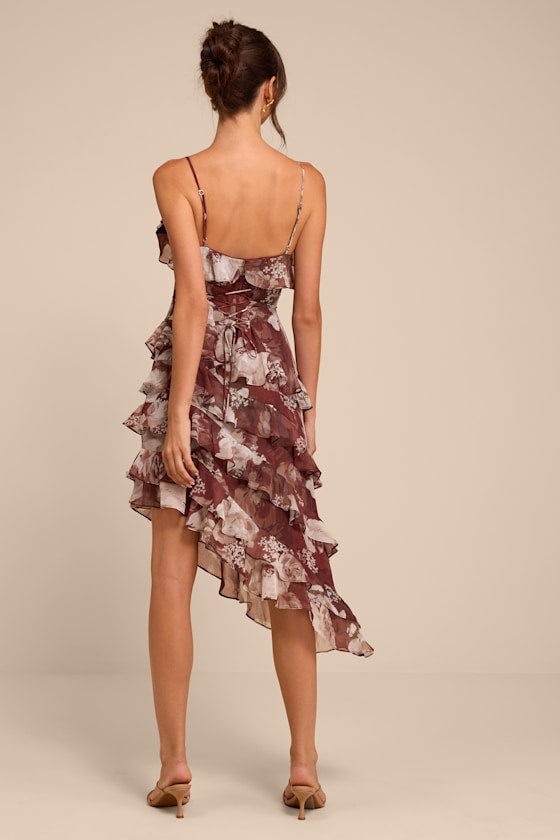 Sinclair Brown Floral Ruffled Midi Dress