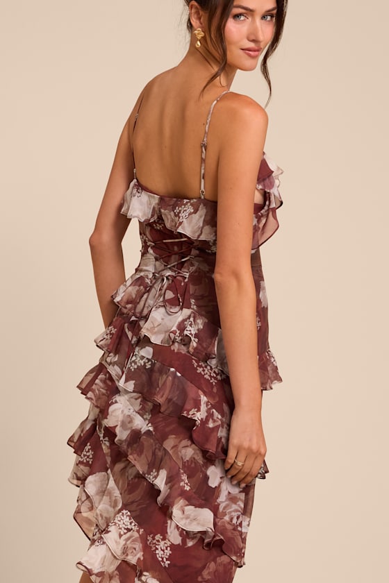 Sinclair Brown Floral Ruffled Midi Dress