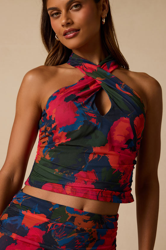 Kasia Navy Multi Mesh Halter Crop Top