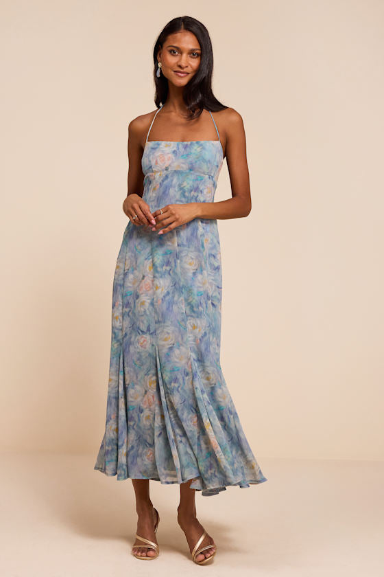 Zaida Light Blue Multi Floral Halter Midi Dress