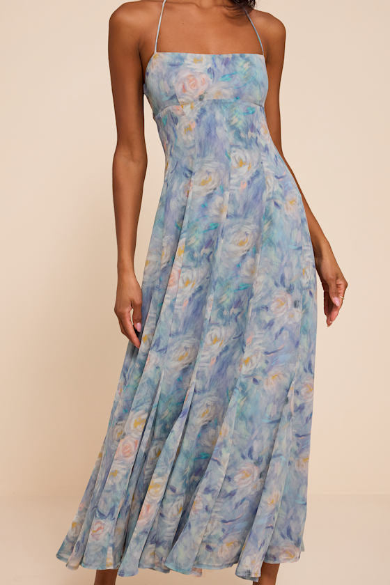 Zaida Light Blue Multi Floral Halter Midi Dress