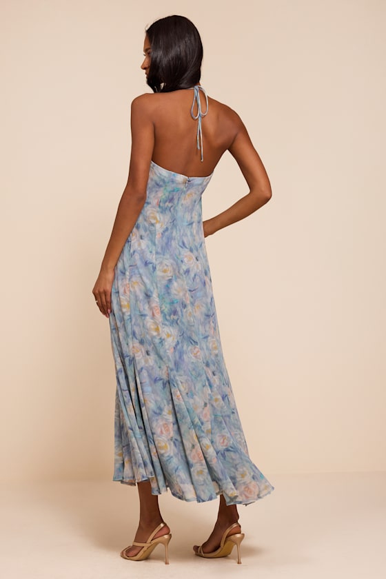 Zaida Light Blue Multi Floral Halter Midi Dress