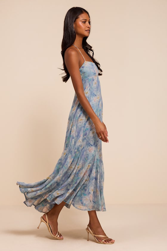 Zaida Light Blue Multi Floral Halter Midi Dress