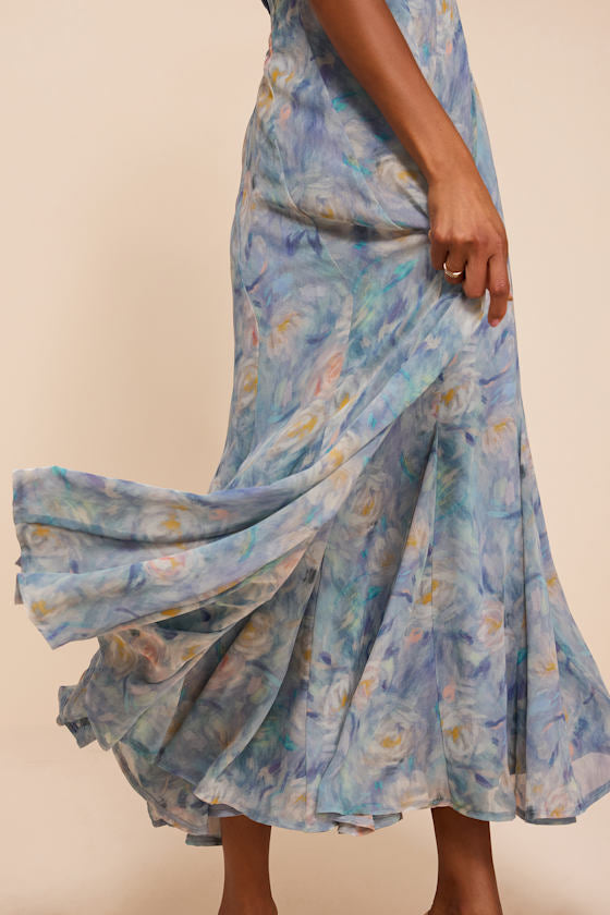 Zaida Light Blue Multi Floral Halter Midi Dress