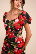 Sahana Black Multi Floral Ruched Mini Dress