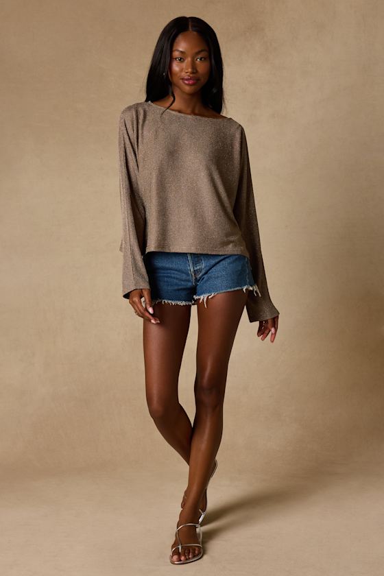 Braylin Taupe Lurex Knit Dolman Sleeve Top