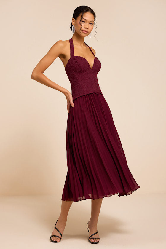 Baylin Burgundy Lace Bustier Midi Dress