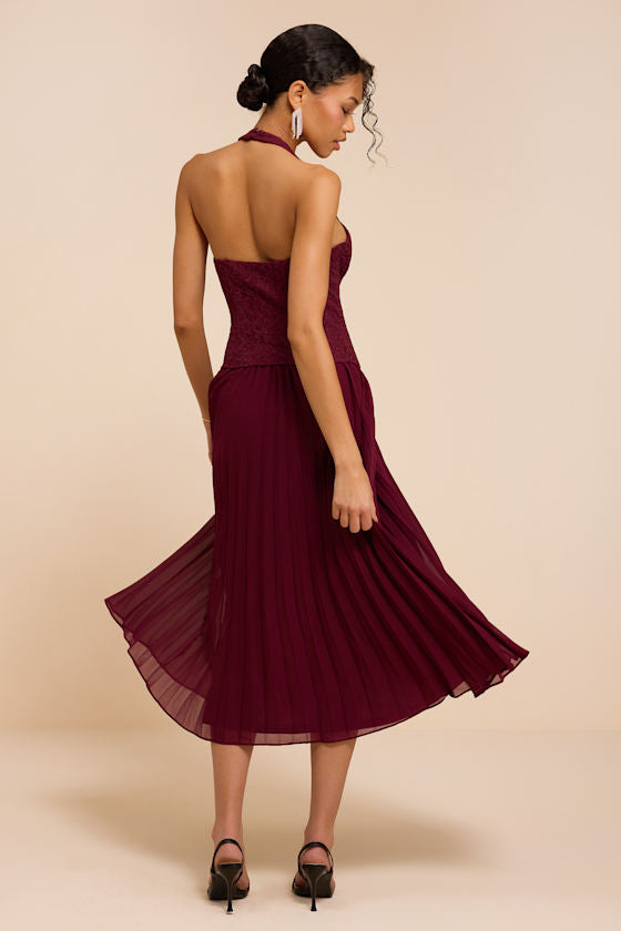 Baylin Burgundy Lace Bustier Midi Dress