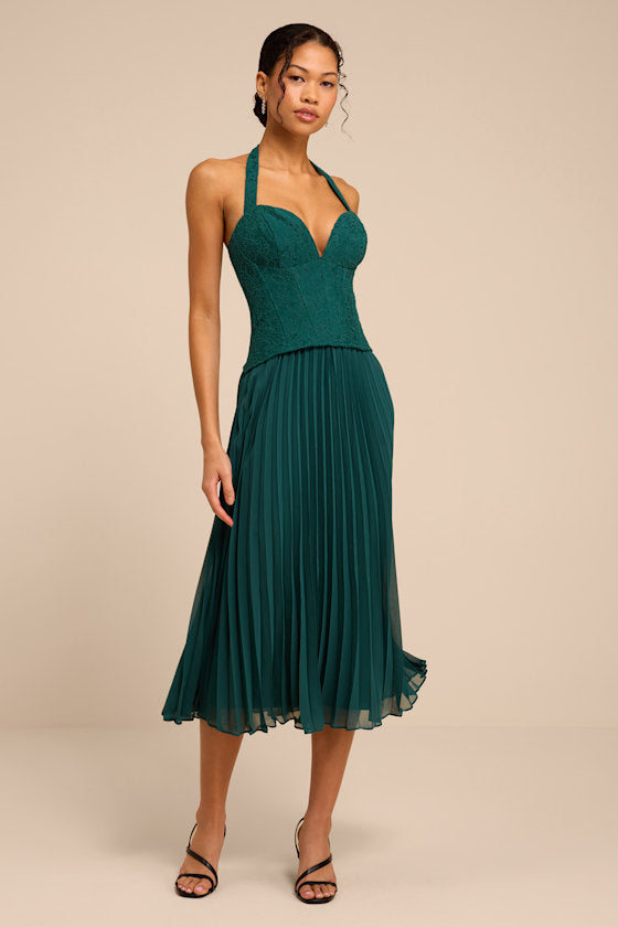 Baylin Emerald Lace Bustier Midi Dress