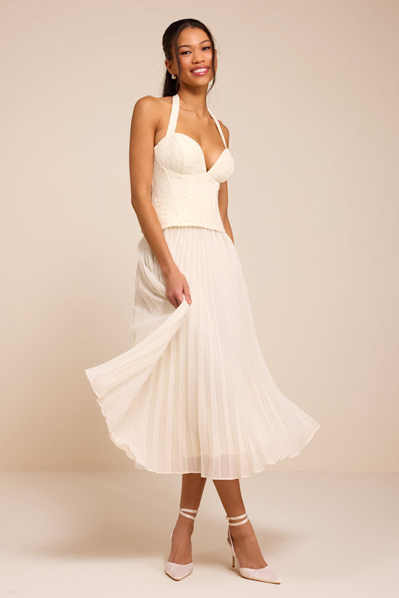 Baylin Ivory Lace Bustier Midi Dress