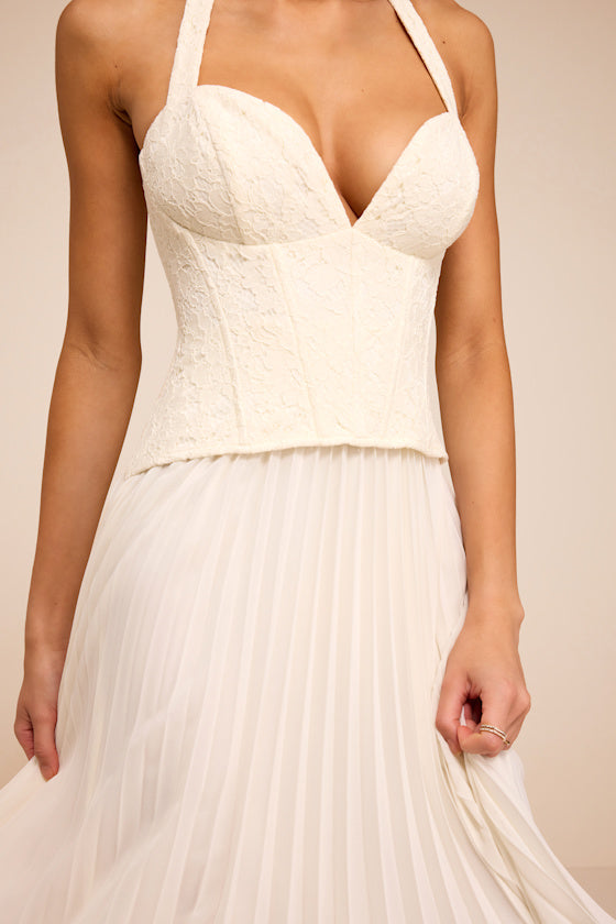 Baylin Ivory Lace Bustier Midi Dress