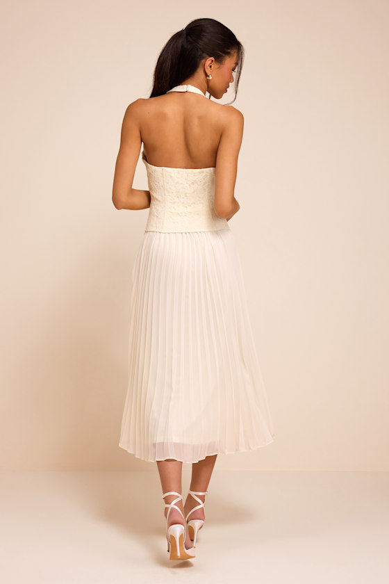 Baylin Ivory Lace Bustier Midi Dress