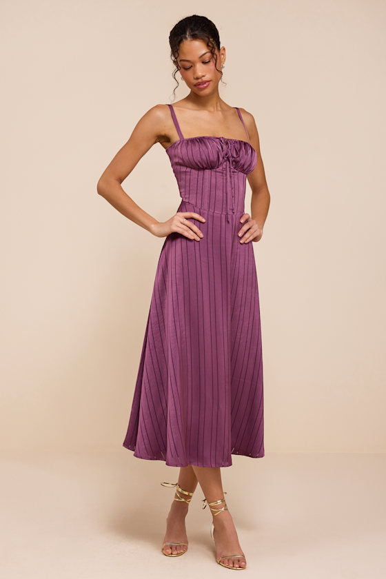 Adlynn Purple Striped Satin Bustier Midi Dress