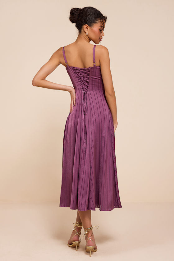 Adlynn Purple Striped Satin Bustier Midi Dress