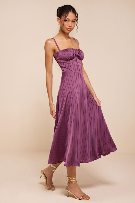 Adlynn Purple Striped Satin Bustier Midi Dress