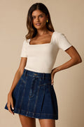 Lorann Dark Wash Pleated Denim Mini Skirt