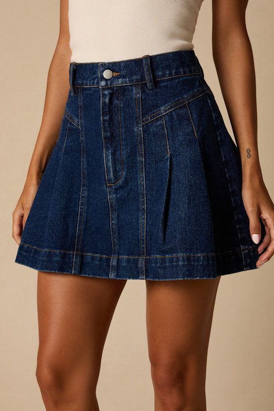 Lorann Dark Wash Pleated Denim Mini Skirt